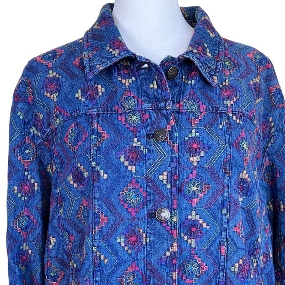 COLDWATER CREEK Boho Aztec Tribal Multicolor Embroidered Cotton Denim Jacket XL - Picture 3 of 16